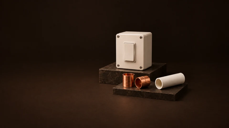 A closed electrical enclosure and detached copper and plastic plumbing parts. - Home Improvement Tools & Materials Meta ads research index