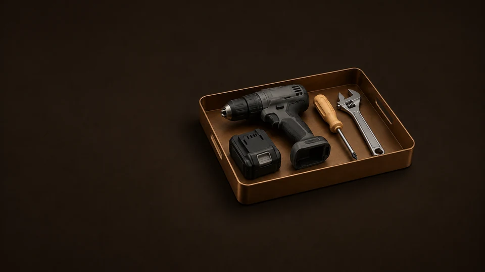 An inactive cordless drill, detached battery, screwdriver and wrench in a low tool tray. - Home Improvement Tools & Materials Meta ads research index