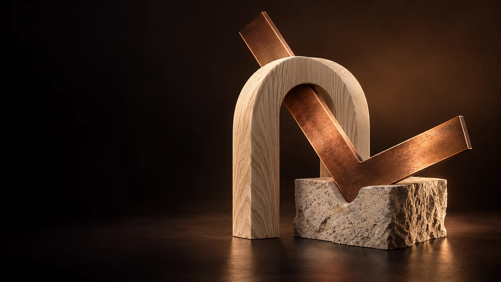 A pale wood arch and angled copper form resting against a rough stone block. - Home Improvement Tools & Materials Meta ads research by Madgicx Labs