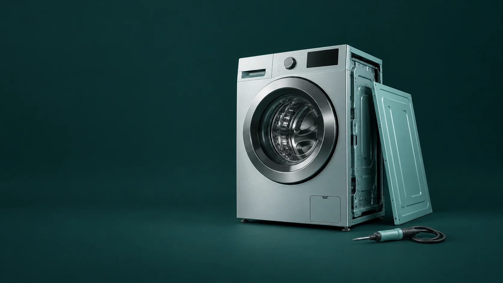 A brushed-steel washing-machine chassis with a separate teal side cover and a diagnostic probe. - Appliance Repair Services Meta ads research by Madgicx Labs