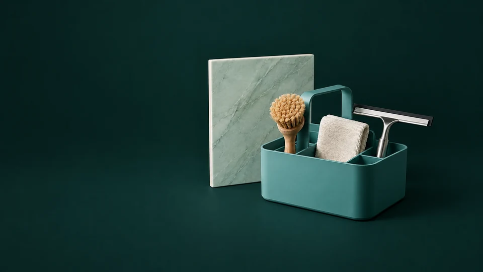 A teal cleaning caddy holding a cloth and brush beside a complete squeegee and ceramic panel. - Home & Local Services Meta ads research index