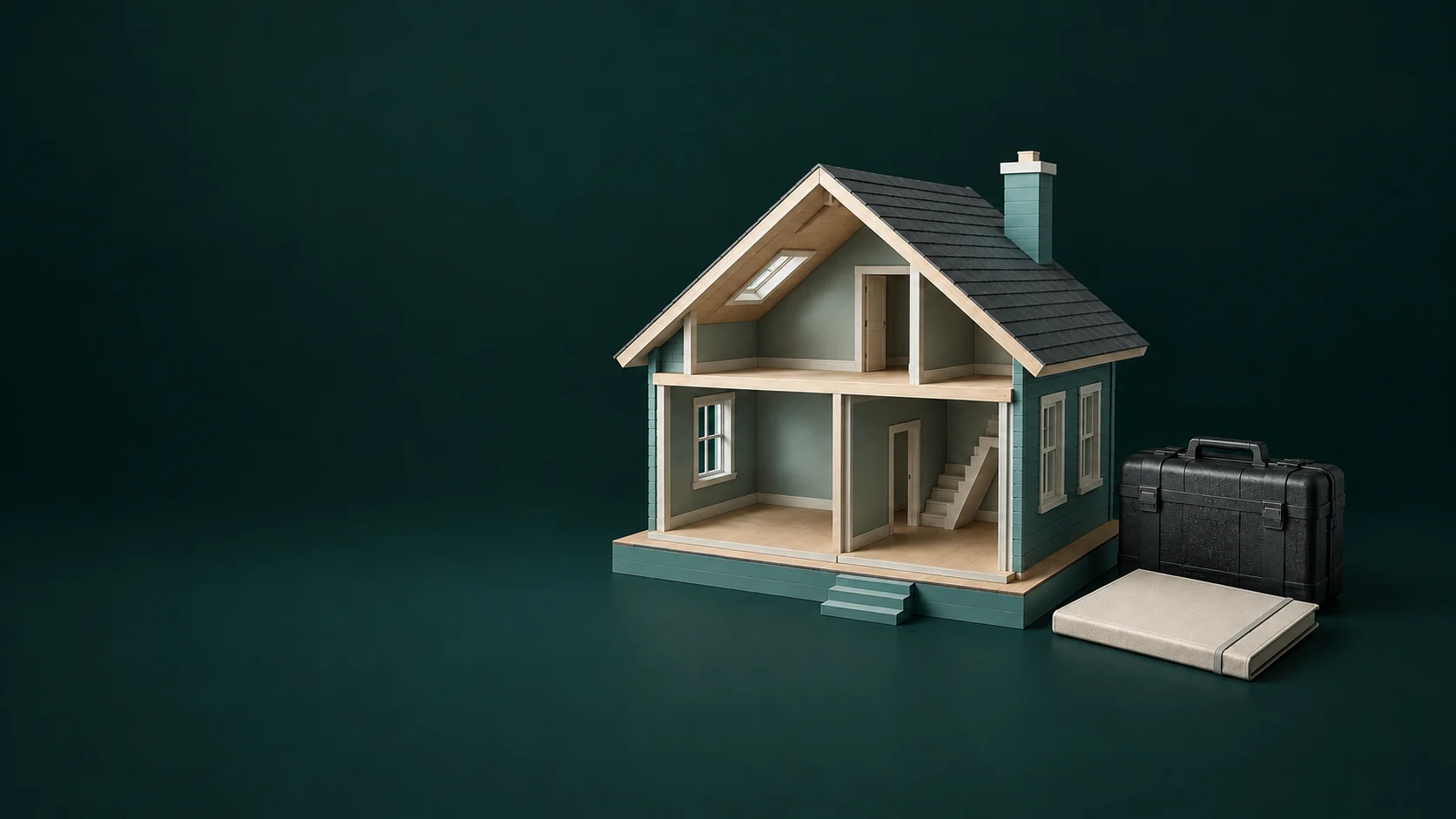 A teal and pale-wood house-section model beside a closed tool case and blank repair folio. - Home Maintenance Repair Services Meta ads research by Madgicx Labs
