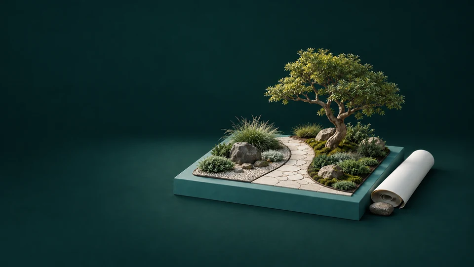 A miniature garden model with a curved stone path, planting beds, one tree and a rolled blank plan. - Home & Local Services Meta ads research index