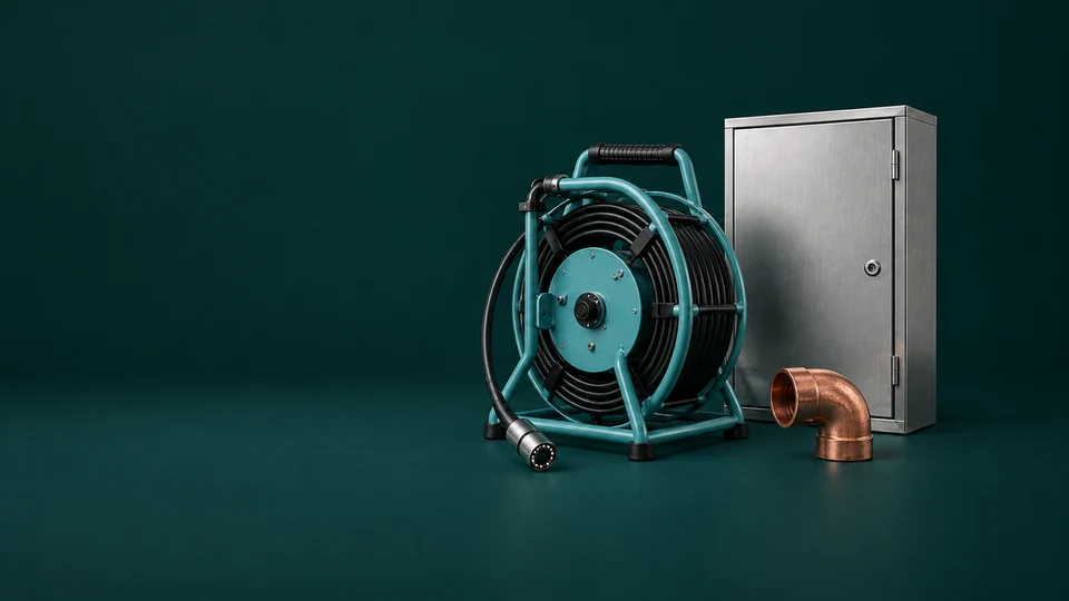 A complete pipe-camera reel beside a closed steel electrical cabinet and copper elbow. - Home & Local Services Meta ads research index