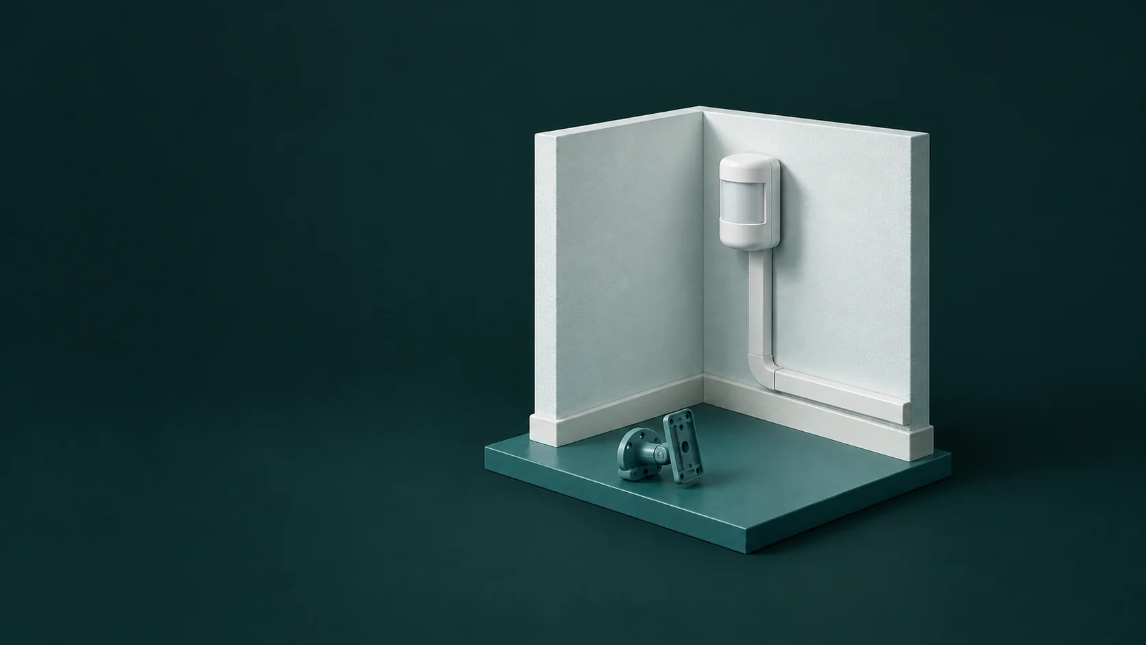A pale room-corner model with a closed wall sensor, enclosed cable channel and detached mounting bracket. - Security Installation Services Meta ads research by Madgicx Labs