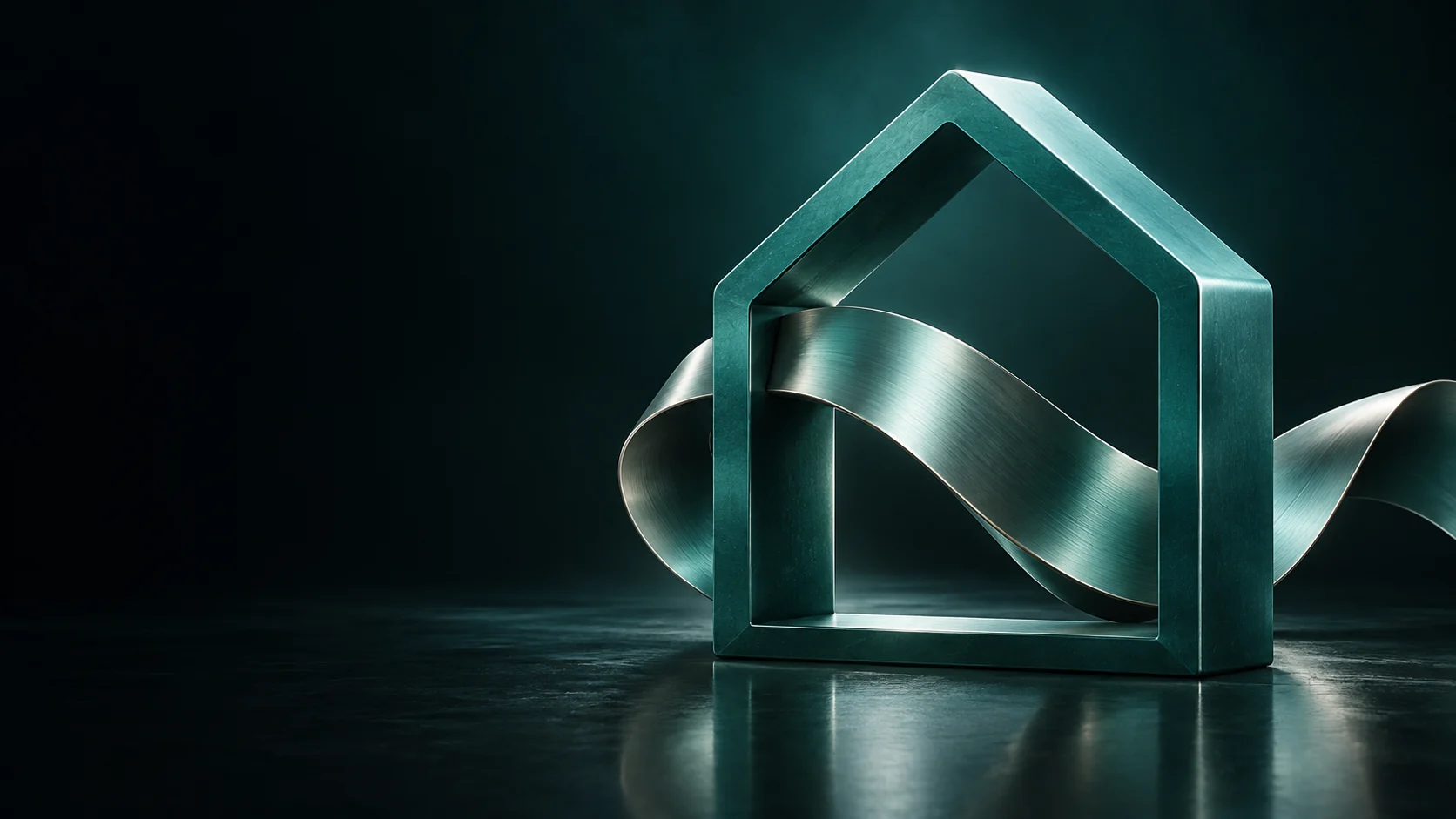 A teal metal house outline with a broad brushed-metal ribbon passing through it. - Home & Local Services Meta ads research by Madgicx Labs