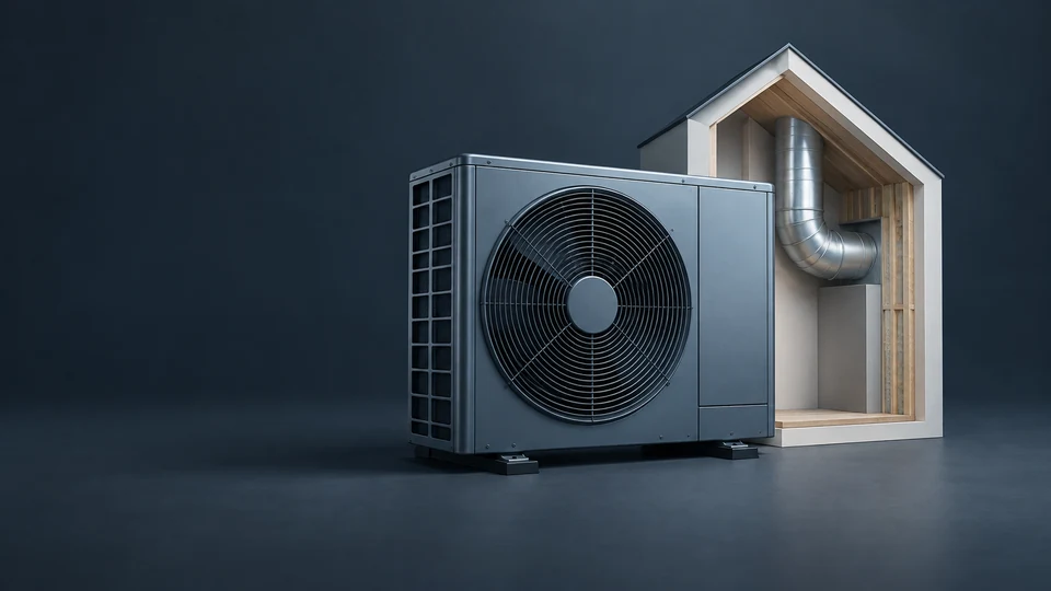 A blue-gray heat-pump unit beside a pale house-section model with a silver duct curve. - Home Systems & Appliances Meta ads research index