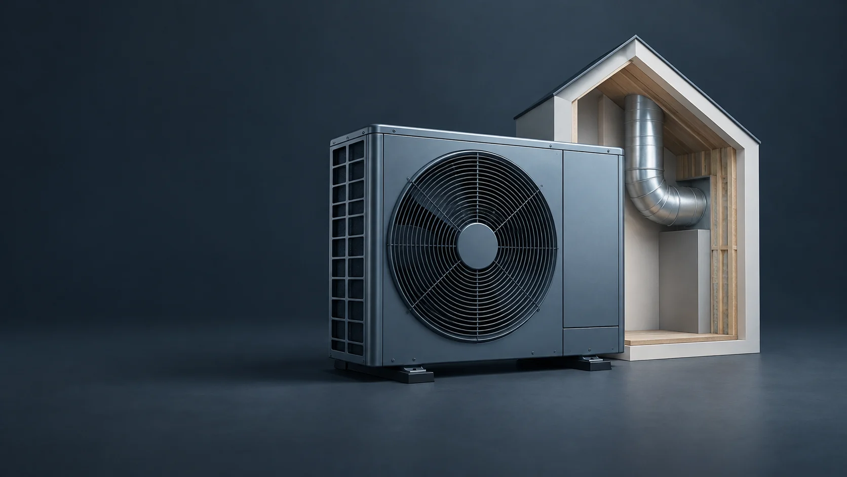 A blue-gray heat-pump unit beside a pale house-section model with a silver duct curve. - Climate Control Systems Meta ads research by Madgicx Labs