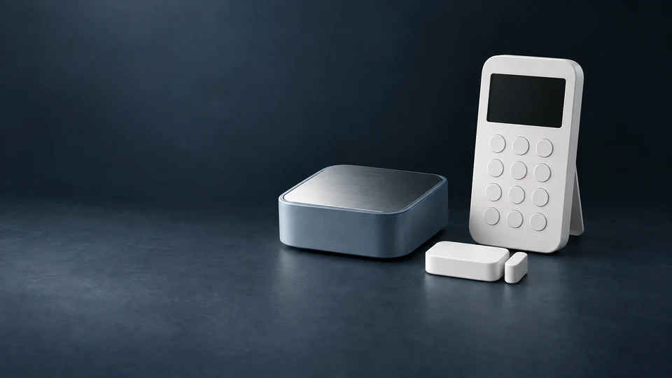 A square alarm base station with a blank keypad and paired door-contact sensor. - Home Systems & Appliances Meta ads research index