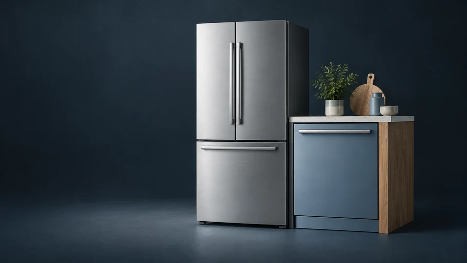 A complete steel refrigerator and blue-gray dishwasher beneath a stone counter with oak sides and small kitchen props. - Home Systems & Appliances Meta ads research index