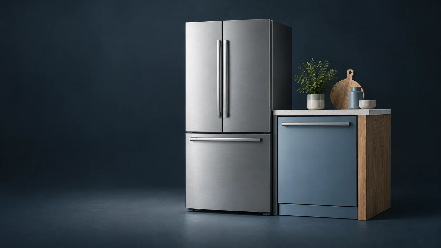 A complete steel refrigerator and blue-gray dishwasher beneath a stone counter with oak sides and small kitchen props. - Kitchen Appliances Meta ads research by Madgicx Labs