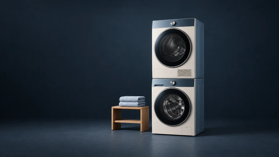 A stacked ivory washer-and-dryer tower beside a low oak shelf with folded towels. - Home Systems & Appliances Meta ads research index