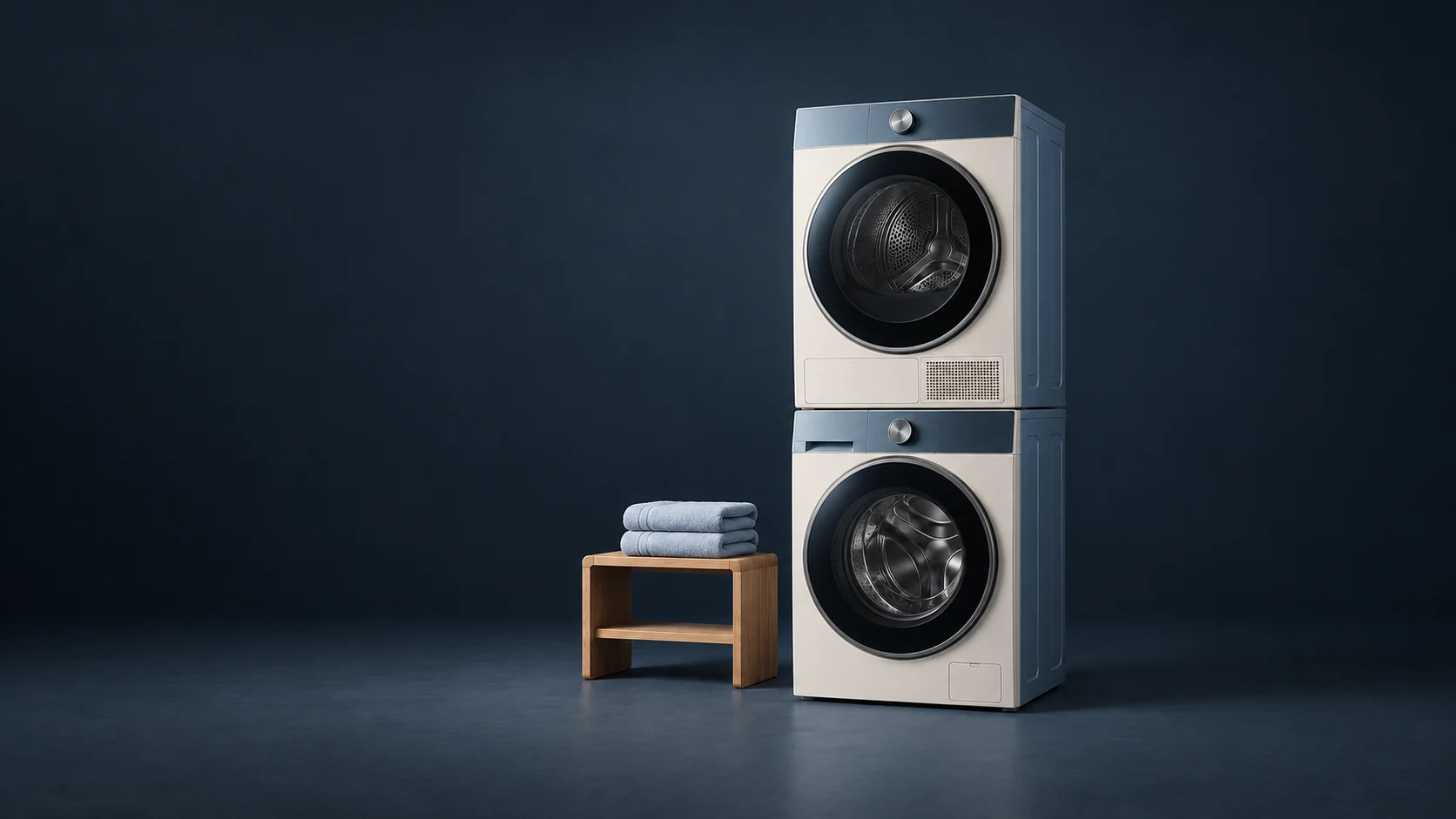 A stacked ivory washer-and-dryer tower beside a low oak shelf with folded towels. - Laundry Appliances Meta ads research by Madgicx Labs