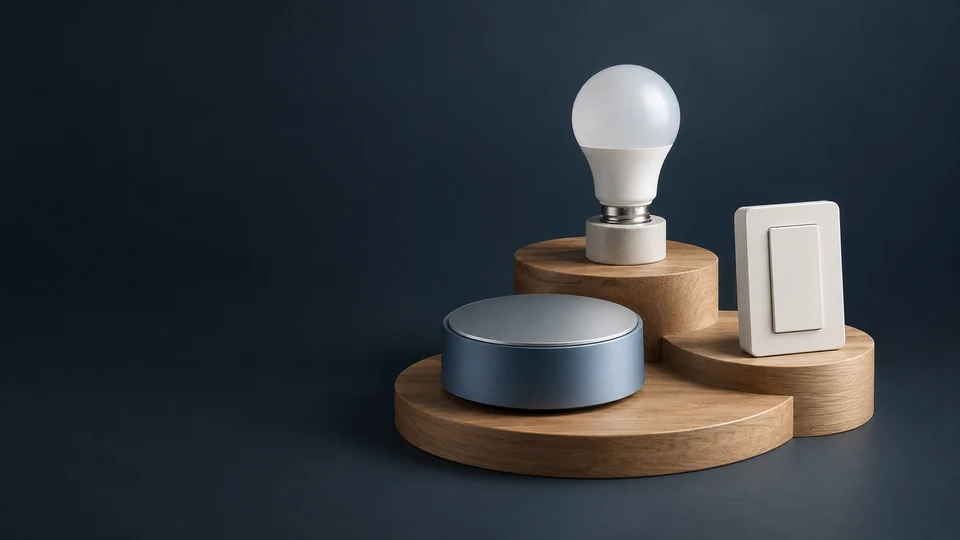 A round controller hub, unlit frosted bulb and plain switch on a tiered oak stand. - Home Systems & Appliances Meta ads research index