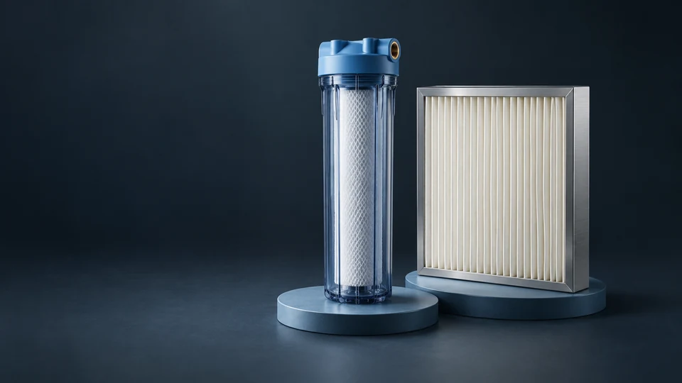 A translucent water-filter housing and a rectangular pleated air filter on separate blue trays. - Home Systems & Appliances Meta ads research index