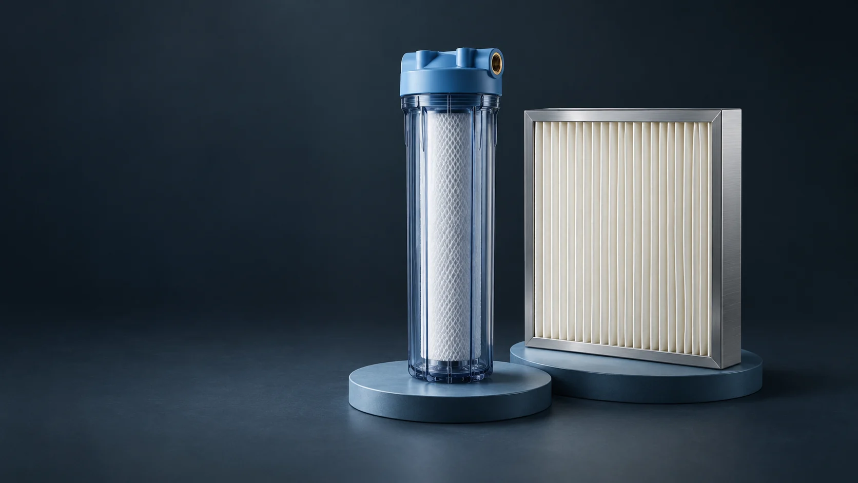 A translucent water-filter housing and a rectangular pleated air filter on separate blue trays. - Water Air Filtration Meta ads research by Madgicx Labs