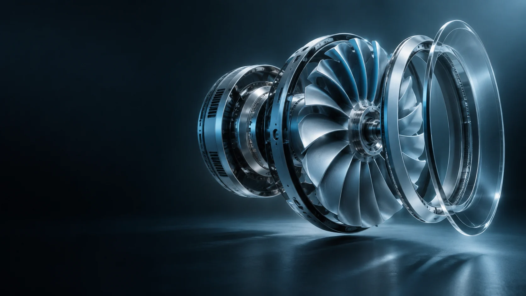 An exploded blue-metal fan mechanism with separate circular rings and a transparent front cover. - Home Systems & Appliances Meta ads research by Madgicx Labs