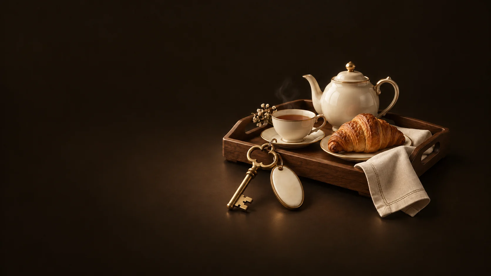 A brass inn key and blank oval fob beside a walnut tray with tea, a croissant and linen. - Bed Breakfast Inns Meta ads research by Madgicx Labs