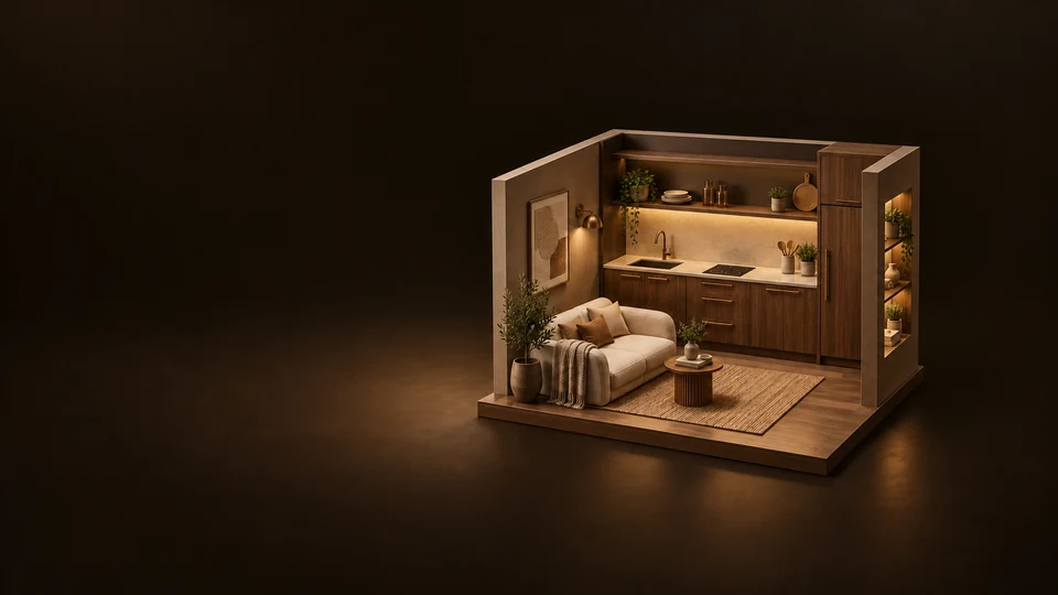A miniature walnut kitchenette and cream seating nook on a wooden base. - Hospitality Services Meta ads research index