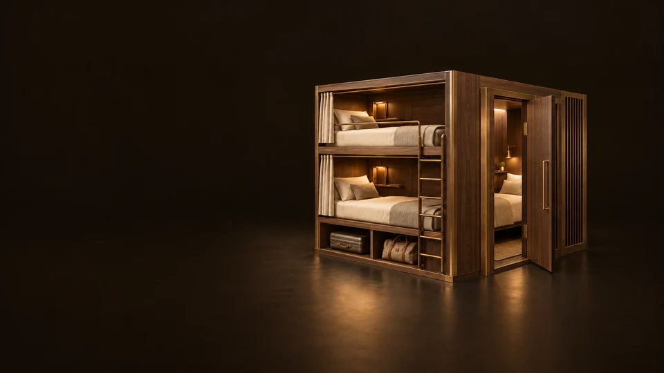 A walnut hostel alcove with two bunks, a ladder, luggage cubbies and an adjacent private-room doorway. - Hospitality Services Meta ads research index