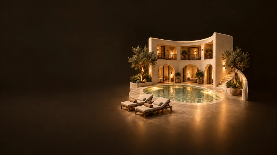 A miniature curved resort courtyard with balconies, an illuminated pool and two loungers. - Hospitality Services Meta ads research index