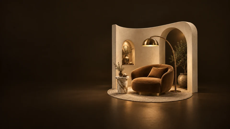 A boutique seating alcove with a bronze velvet chair, marble side table and arcing brass lamp. - Hospitality Services Meta ads research index