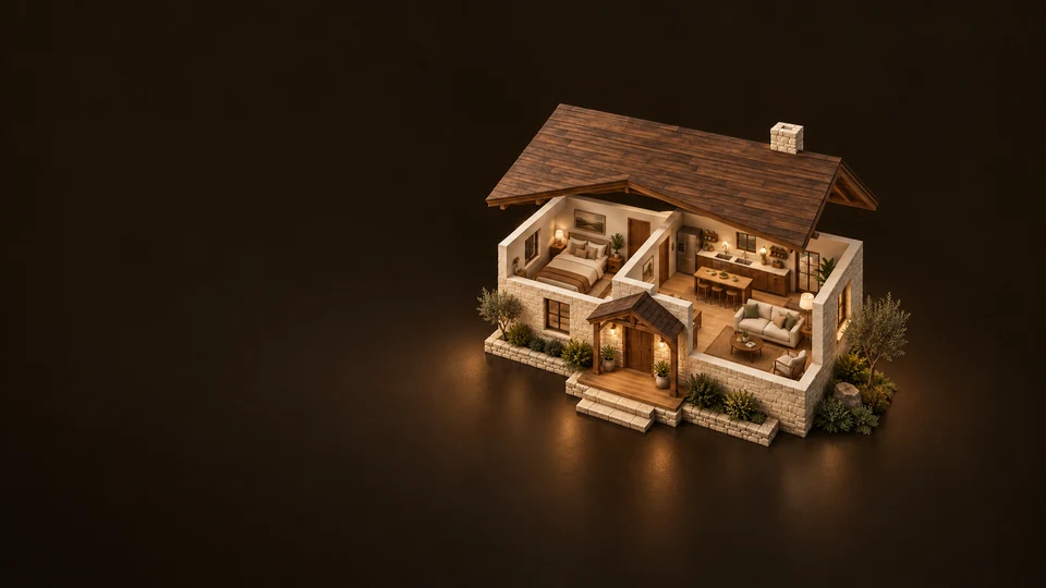 A cutaway stone rental cottage showing a bedroom and shared kitchen-living space under a lifted pitched roof. - Hospitality Services Meta ads research index