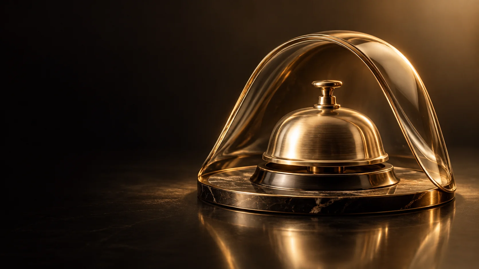 A brass desk bell beneath a curved amber glass canopy on a dark round base. - Hospitality Services Meta ads research by Madgicx Labs