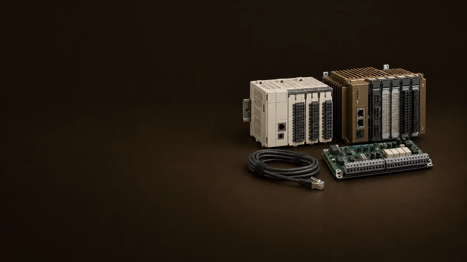 Two industrial controller modules, a separate interface board and an unplugged network cable. - Industrial & Safety Equipment Meta ads research index