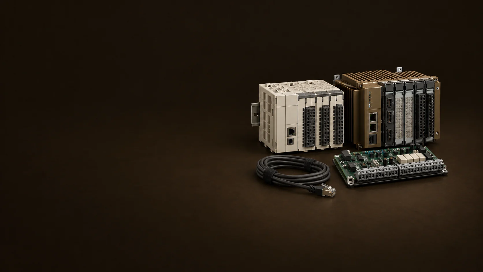 Two industrial controller modules, a separate interface board and an unplugged network cable. - Industrial Automation Systems Meta ads research by Madgicx Labs