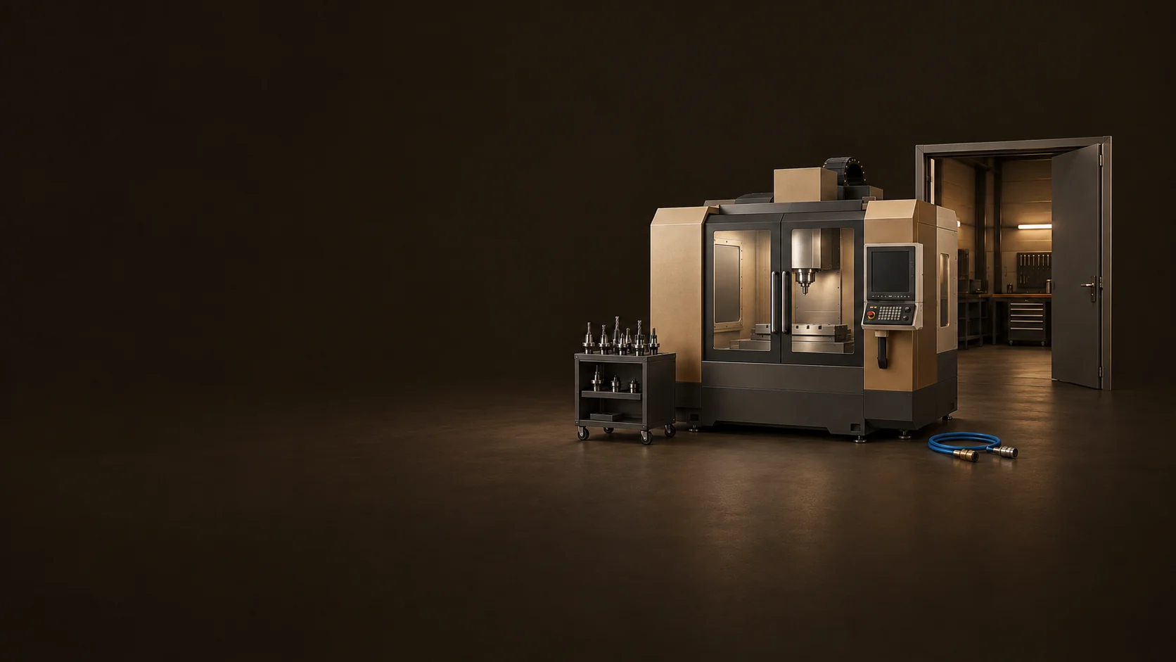 A CNC enclosure, open workshop doorway, toolholder cart and separate air hose. - Industrial Machinery Equipment Meta ads research by Madgicx Labs