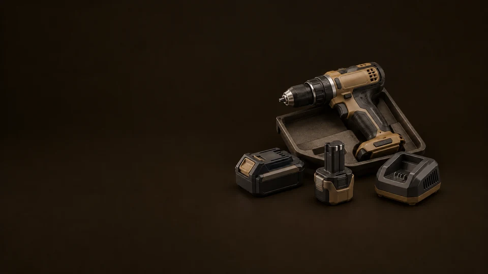 A cordless drill, fitted tray, two different battery shapes and an empty charging cradle. - Industrial & Safety Equipment Meta ads research index