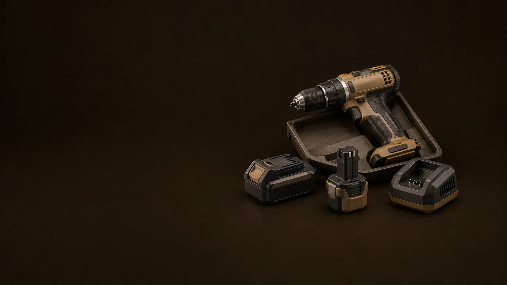 A cordless drill, fitted tray, two different battery shapes and an empty charging cradle. - Industrial Tools Supplies Meta ads research by Madgicx Labs