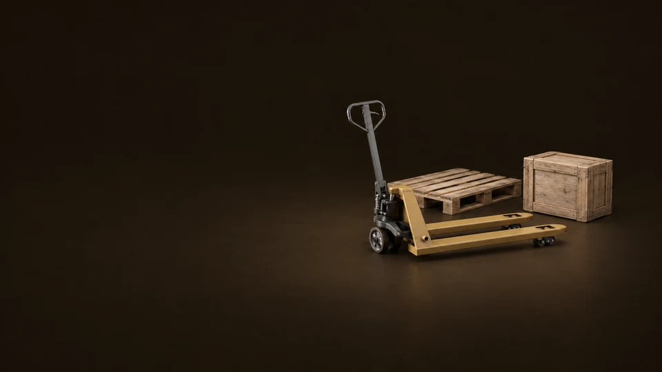 A manual pallet truck beside a wooden pallet and closed freight crate. - Industrial & Safety Equipment Meta ads research index