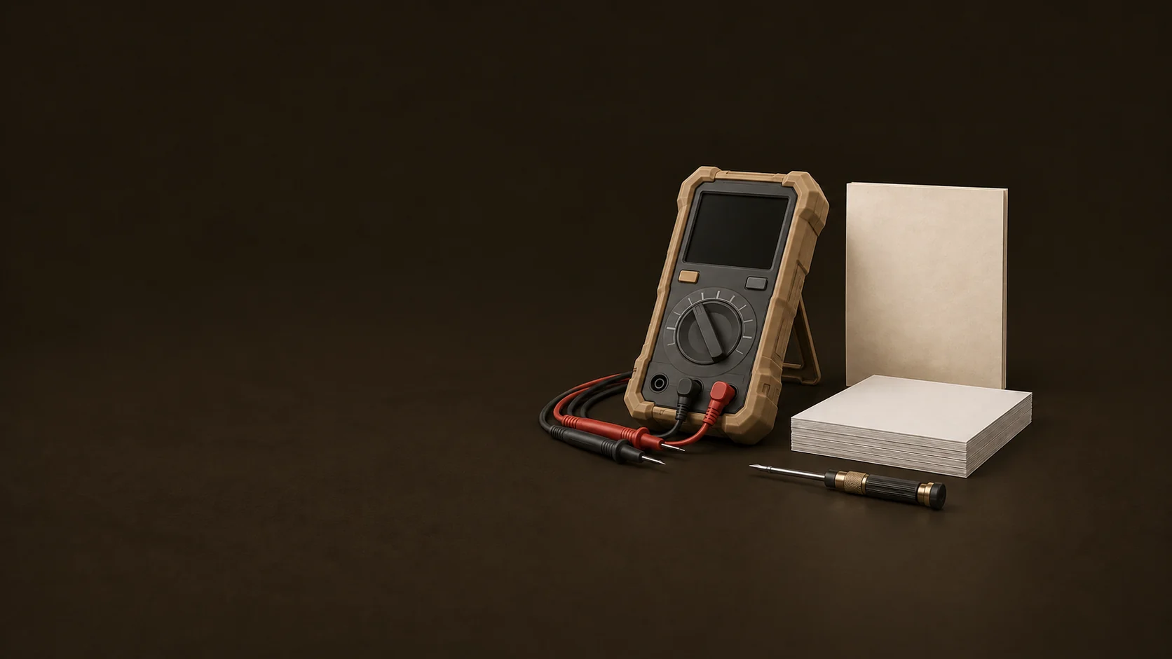 An industrial test instrument, blank paper leaves, leads and a repair screwdriver. - Safety Systems Instruments Meta ads research by Madgicx Labs