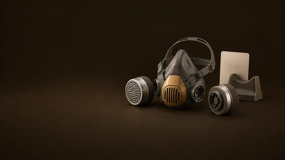 A respirator shell with separate cartridges, a blank application card and a fitting cradle. - Industrial & Safety Equipment Meta ads research index