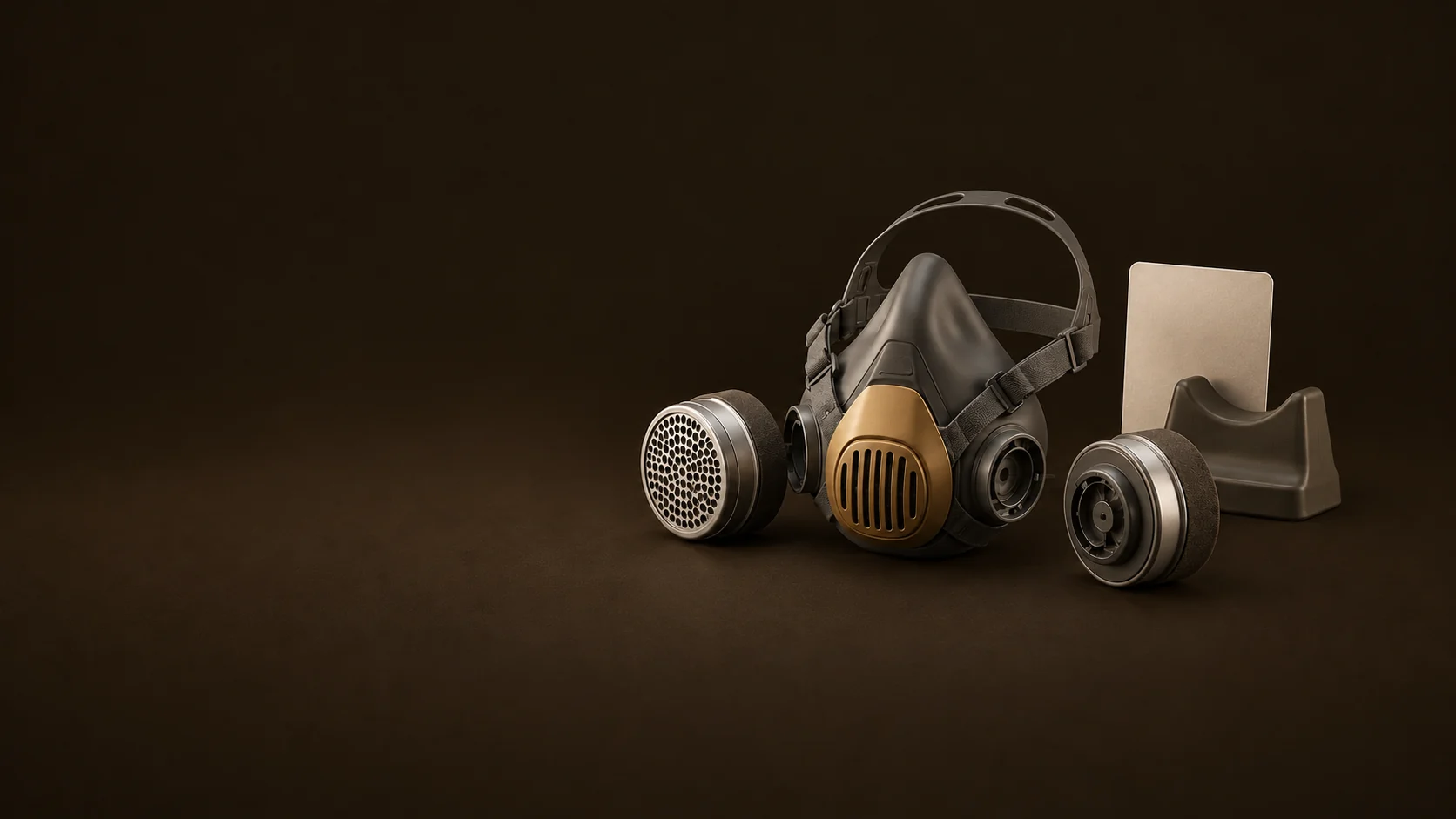 A respirator shell with separate cartridges, a blank application card and a fitting cradle. - Workplace Safety Gear Meta ads research by Madgicx Labs