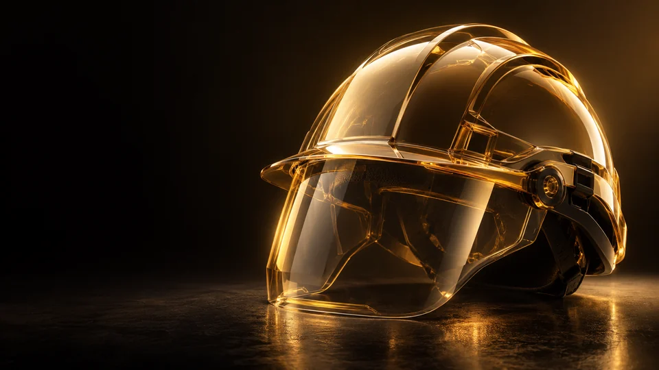 An amber translucent helmet and curved visor with a dark inner suspension. - Industrial & Safety Equipment Meta ads research by Madgicx Labs