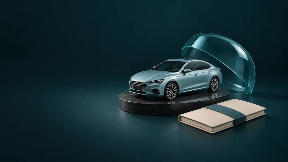 A complete pale-teal car on a low plinth beside a detached clear cover and blank document folio. - Insurance Services Meta ads research index