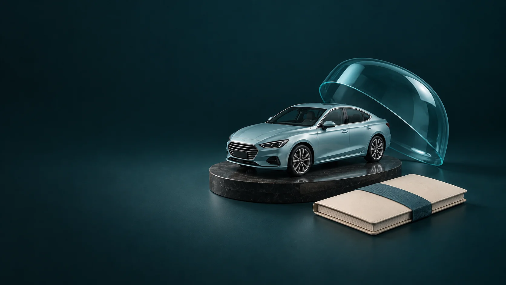 A complete pale-teal car on a low plinth beside a detached clear cover and blank document folio. - Auto Insurance Services Meta ads research by Madgicx Labs