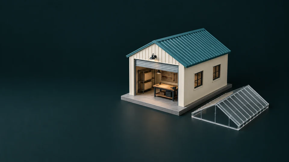 A complete small workshop model beside a detached transparent roof. - Insurance Services Meta ads research index
