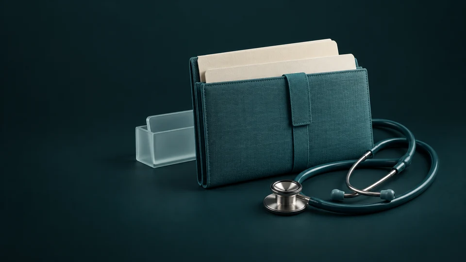 A blank plan wallet and card holder beside a complete coiled stethoscope. - Insurance Services Meta ads research index