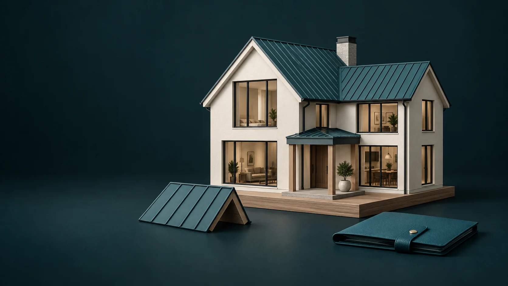 A complete two-storey house model beside a roof sample and closed document wallet. - Home Insurance Services Meta ads research by Madgicx Labs