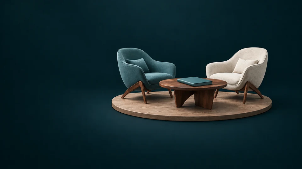 Two empty consultation chairs and a table with a blank folio on a wooden plinth. - Insurance Services Meta ads research index