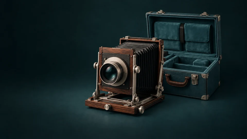 A complete unbranded field camera beside an open fitted teal case. - Insurance Services Meta ads research index