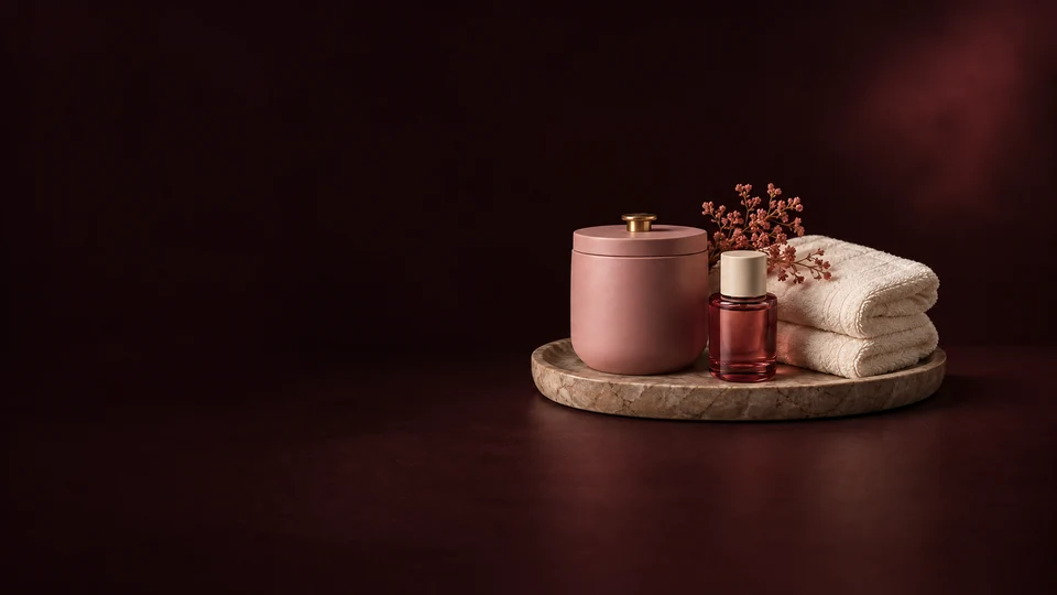 A closed rose candle jar, capped oil bottle and folded ivory towels on a stone tray against a dark burgundy field. - Intimate Wellness Products Meta ads research index