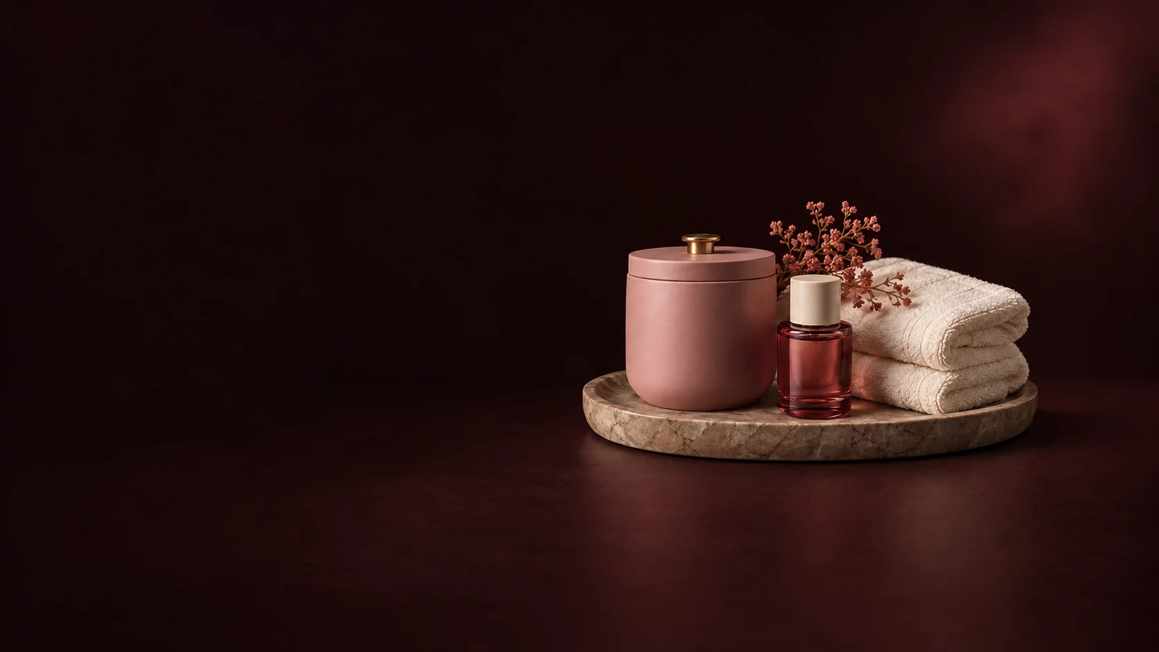 A closed rose candle jar, capped oil bottle and folded ivory towels on a stone tray against a dark burgundy field. - Couples Wellness Products Meta ads research by Madgicx Labs