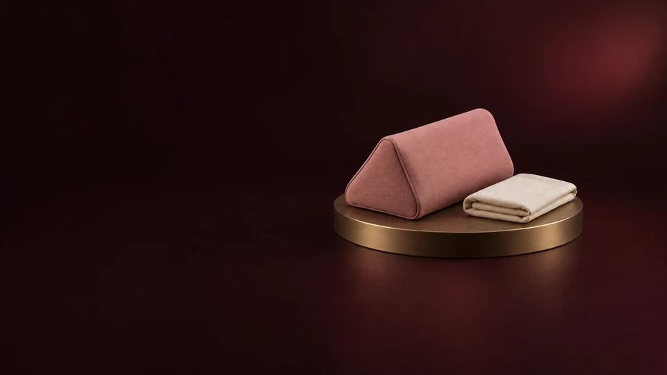 A rose angular cotton pillow and folded spare cover on a low brass plinth. - Intimate Wellness Products Meta ads research index