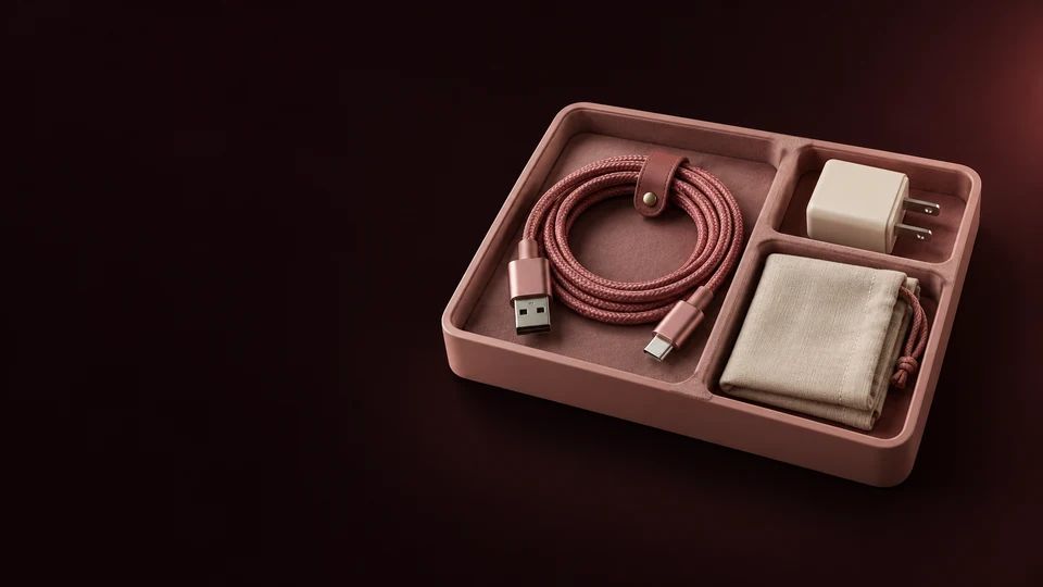 A charging cable, wall adapter and linen storage pouch in separate compartments of a rose tray. - Intimate Wellness Products Meta ads research index