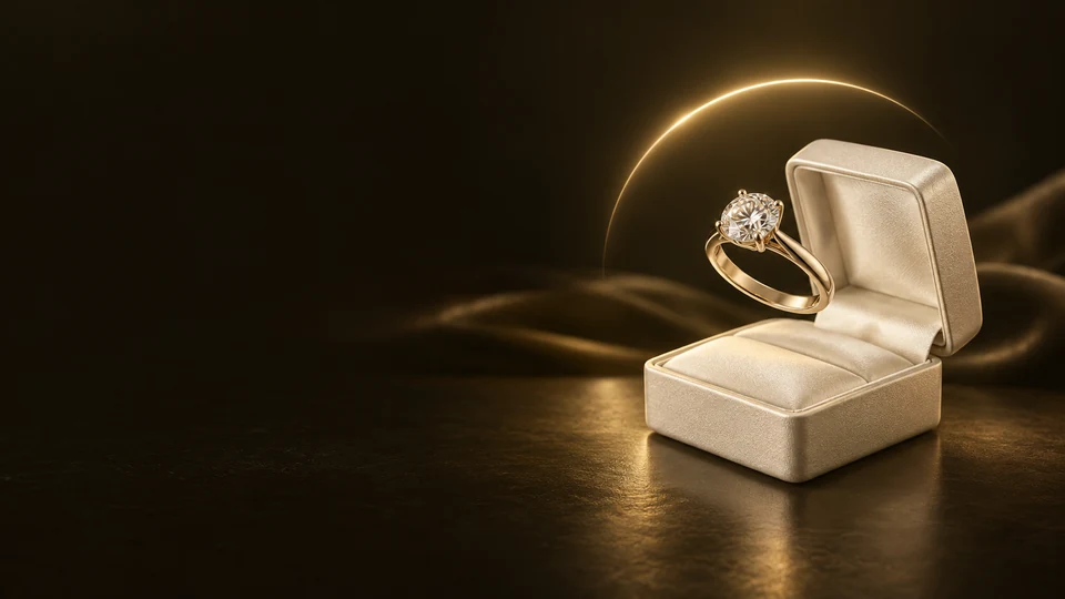 A gold-toned solitaire ring above an open ivory presentation box beneath a pale gold arc. - Jewelry & Accessories Meta ads research index